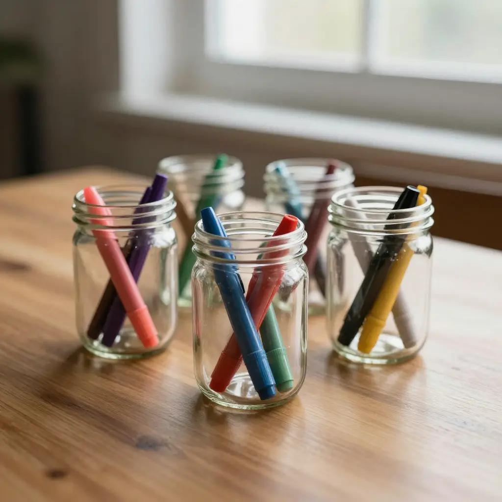 Glass jars with colorful brush pens