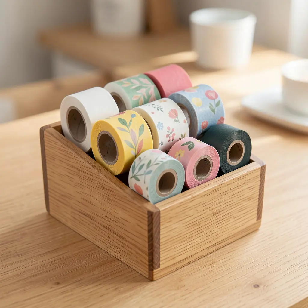 Wooden dispenser with patterned washi tape rolls